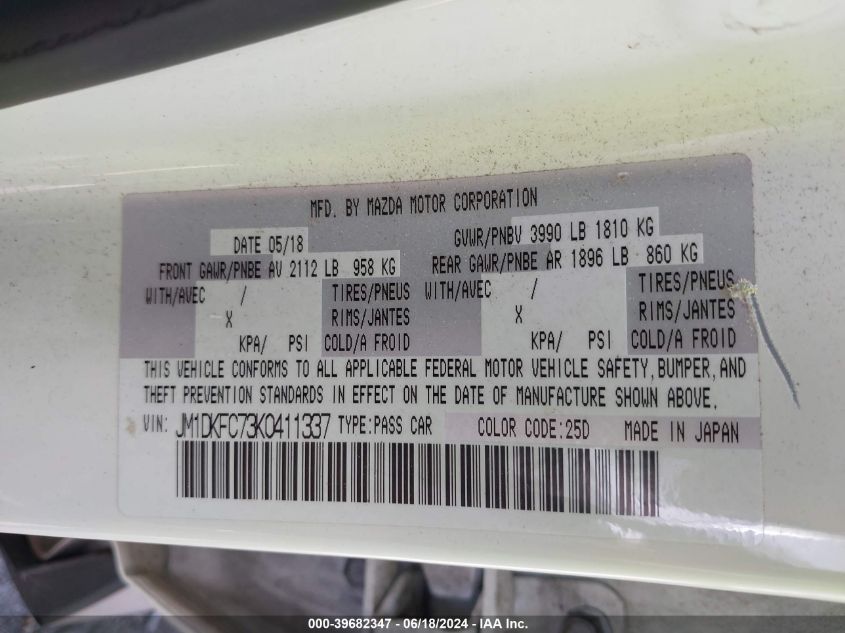 2019 Mazda Cx-3 Touring VIN: JM1DKFC73K0411337 Lot: 39682347