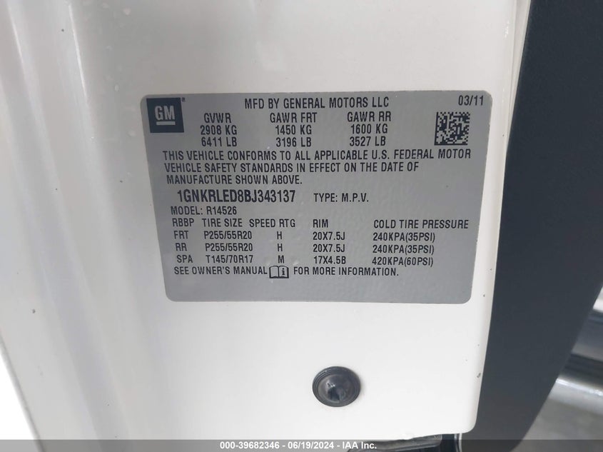 2011 Chevrolet Traverse Ltz VIN: 1GNKRLED8BJ343137 Lot: 39682346