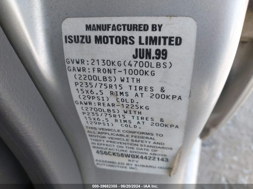 1999 Honda Passport Ex/Lx VIN: 4S6CK58W0X4422143 Lot: 39682355