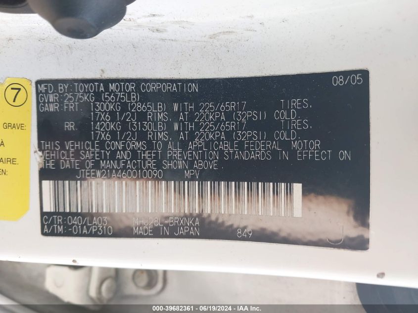 2006 Toyota Highlander Hybrid Limited V6 VIN: JTEEW21A460010090 Lot: 39682361