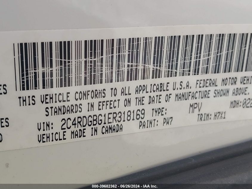 2014 Dodge Grand Caravan American Value Pkg VIN: 2C4RDGBG1ER318169 Lot: 39682362
