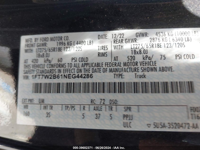 2022 Ford F250 Super Duty VIN: 1FT7W2B61NEG44286 Lot: 39682371