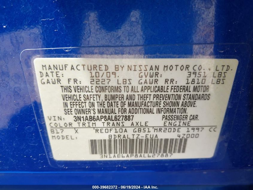 2010 Nissan Sentra 2.0/2.0S/Sr/2.0Sl VIN: 3N1AB6AP8AL627887 Lot: 39682372