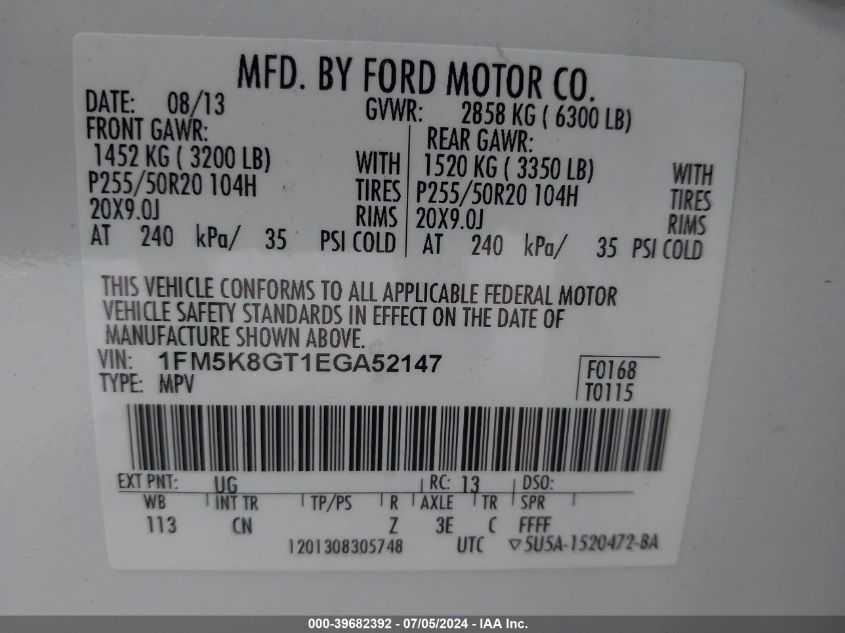 2014 Ford Explorer Sport VIN: 1FM5K8GT1EGA52147 Lot: 39682392