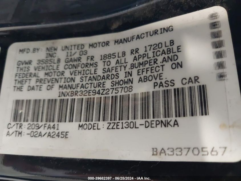 2004 Toyota Corolla Le VIN: 1NXBR32E94Z275708 Lot: 39682397