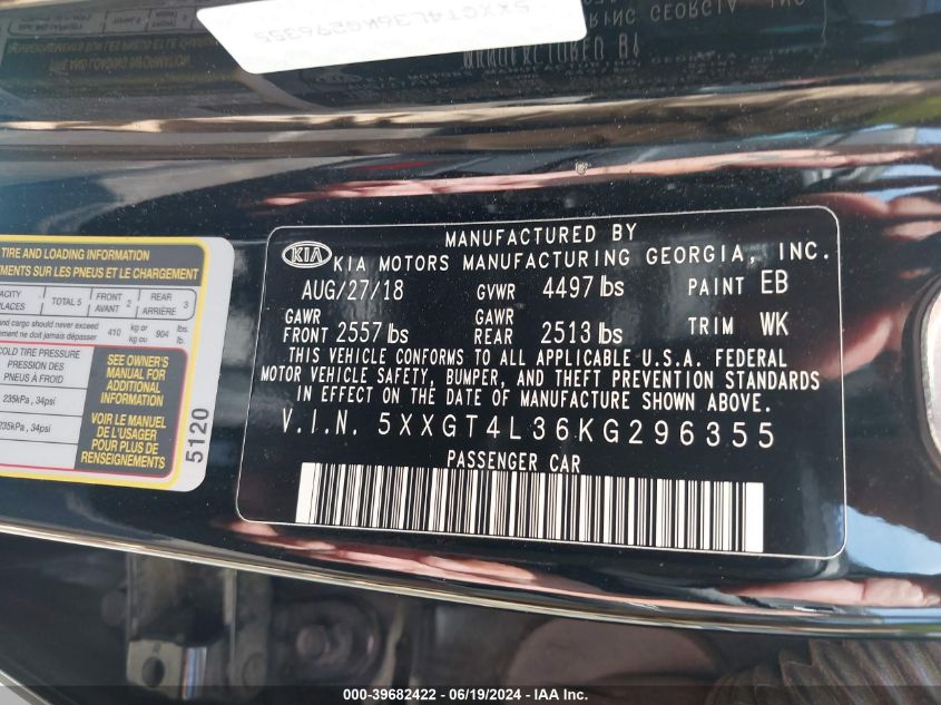 2019 Kia Optima Lx VIN: 5XXGT4L36KG296355 Lot: 39682422