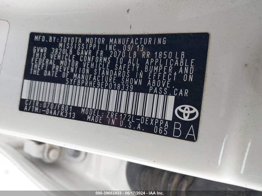 2014 Toyota Corolla Le Eco Plus VIN: 5YFBPRHE9EP018339 Lot: 39682433