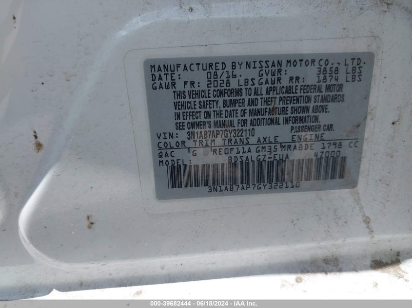 2016 Nissan Sentra Sl VIN: 3N1AB7AP7GY322110 Lot: 39682444