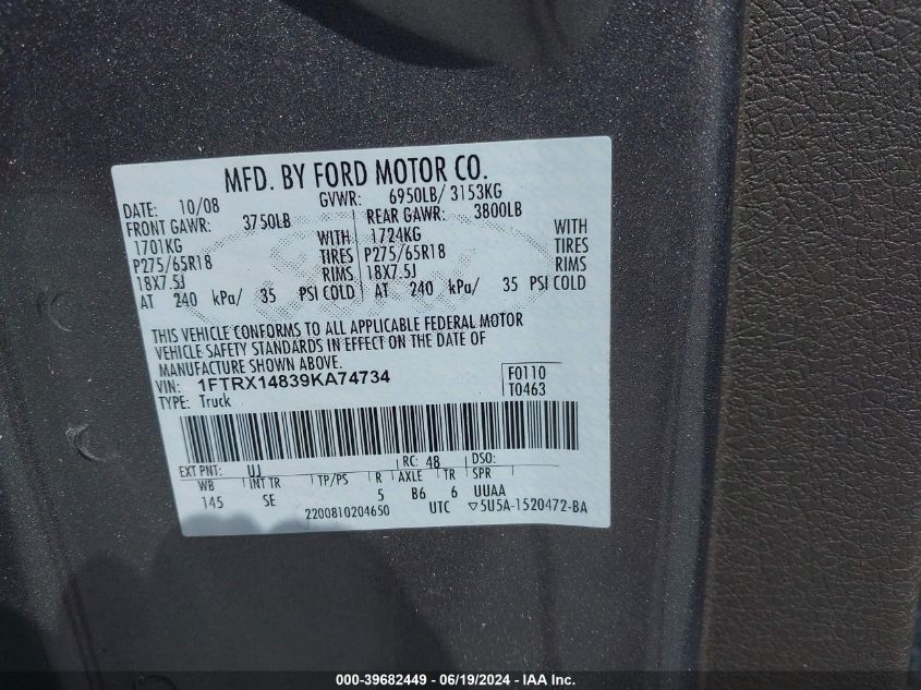 2009 Ford F-150 Stx/Xl/Xlt VIN: 1FTRX14839KA74734 Lot: 39682449