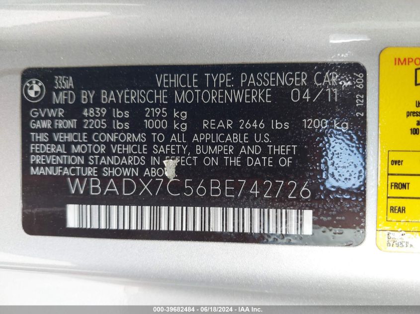 2011 BMW 335I VIN: WBADX7C56BE742726 Lot: 39682484