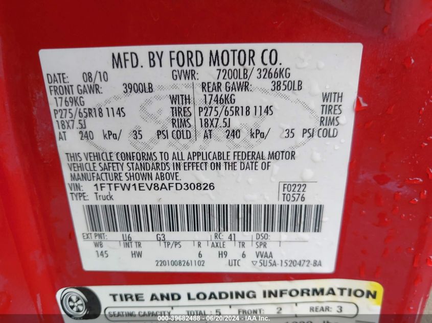 2010 Ford F-150 Fx4/Harley-Davidson/King Ranch/Lariat/Platinum/Xl/Xlt VIN: 1FTFW1EV8AFD30826 Lot: 39682488