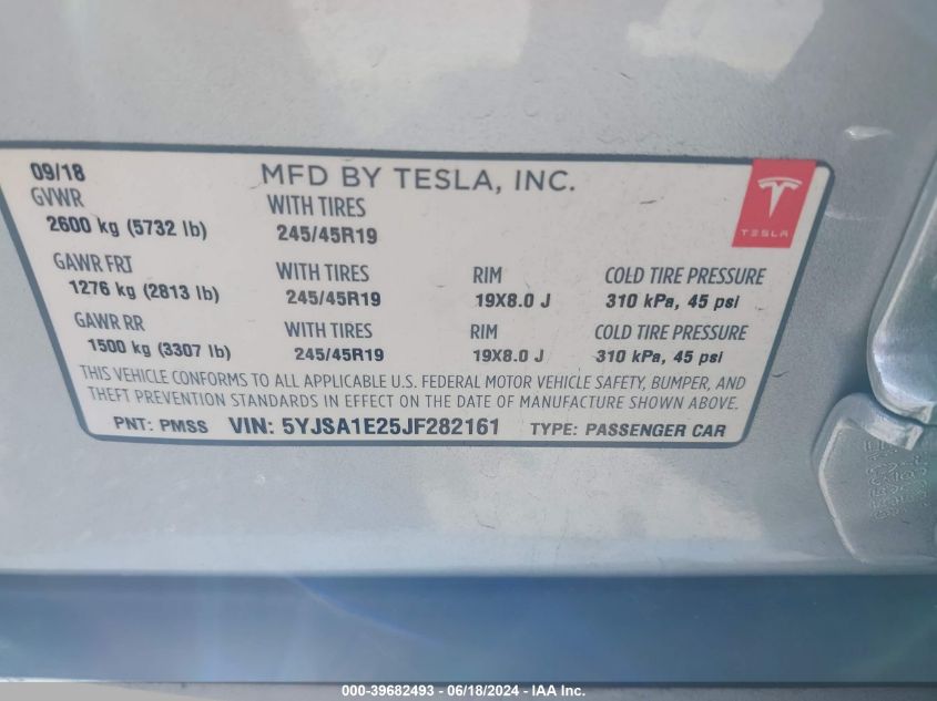 2018 Tesla Model S 100D/75D/P100D VIN: 5YJSA1E25JF282161 Lot: 39682493