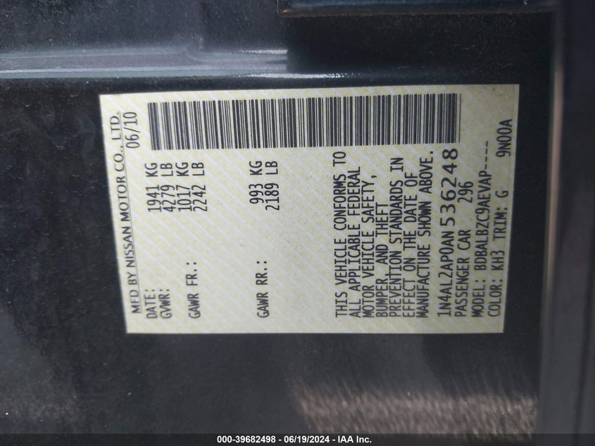 2010 Nissan Altima S VIN: 1N4AL2AP0AN536248 Lot: 39682498