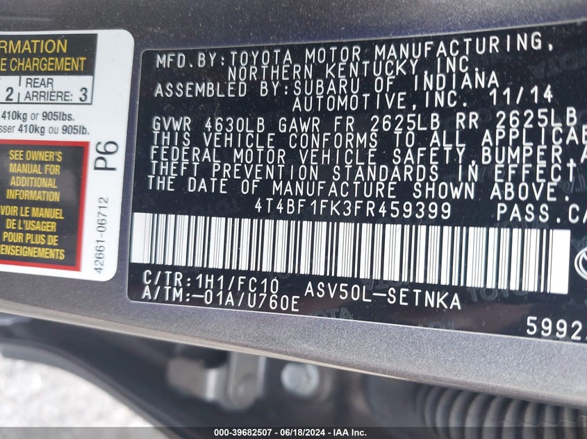 2015 Toyota Camry Le VIN: 4T4BF1FK3FR459399 Lot: 39682507