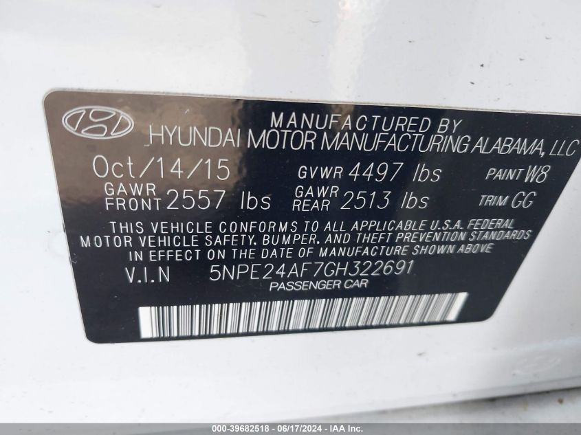 2016 Hyundai Sonata Se VIN: 5NPE24AF7GH322691 Lot: 39682518