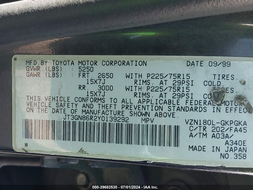 2000 Toyota 4Runner Sr5 V6 VIN: JT3GN86R2Y0139292 Lot: 39682530