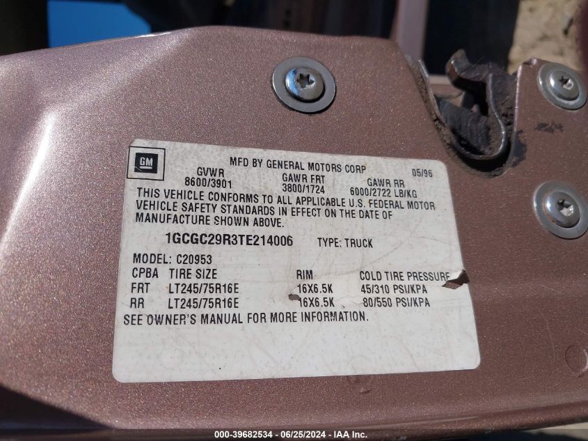 1996 Chevrolet Gmt-400 C2500 VIN: 1GCGC29R3TE214006 Lot: 39682534