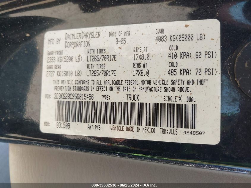 2005 Dodge Ram 2500 St/Slt VIN: 3D3KS28C95G815496 Lot: 39682538