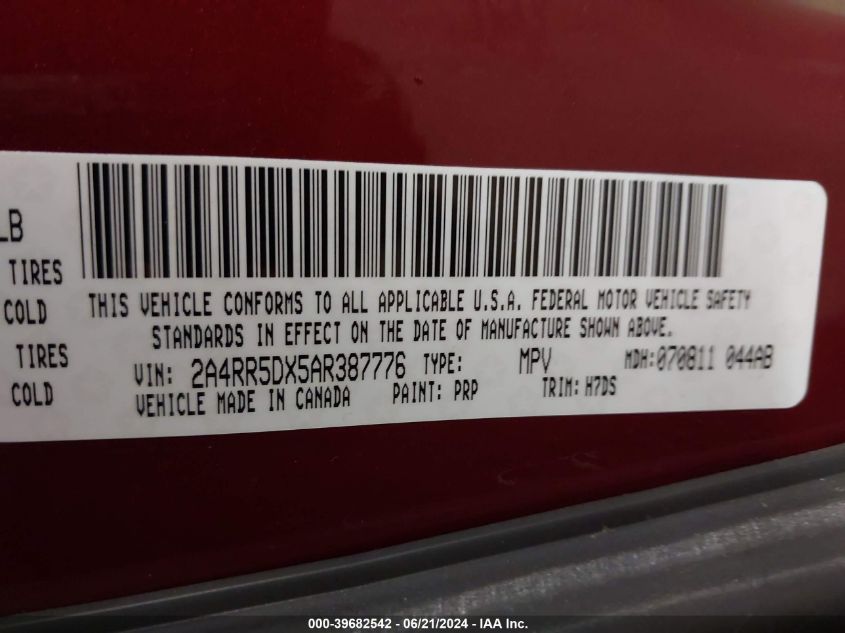 2010 Chrysler Town & Country Touring VIN: 2A4RR5DX5AR387776 Lot: 39682542