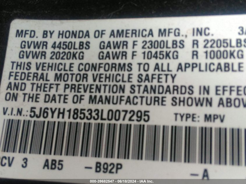 2003 Honda Element Ex VIN: 5J6YH18533L007295 Lot: 39682547