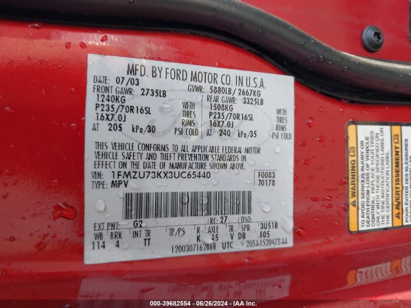 2003 Ford Explorer Nbx/Xlt VIN: 1FMZU73KX3UC65440 Lot: 39682554
