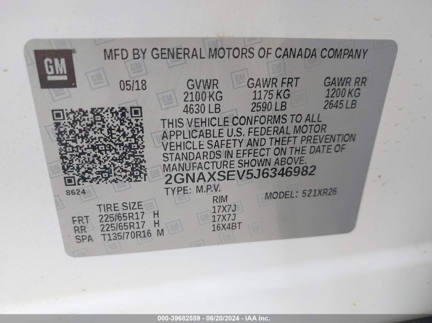 2018 Chevrolet Equinox Lt VIN: 2GNAXSEV5J6346982 Lot: 39682559