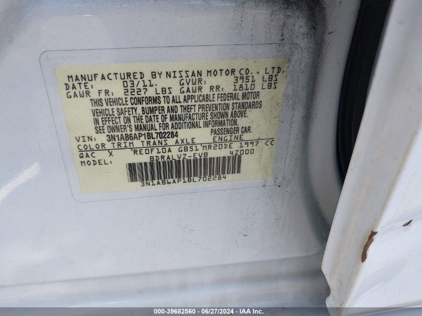 2011 Nissan Sentra 2.0Sl VIN: 3N1AB6AP1BL702284 Lot: 39682560