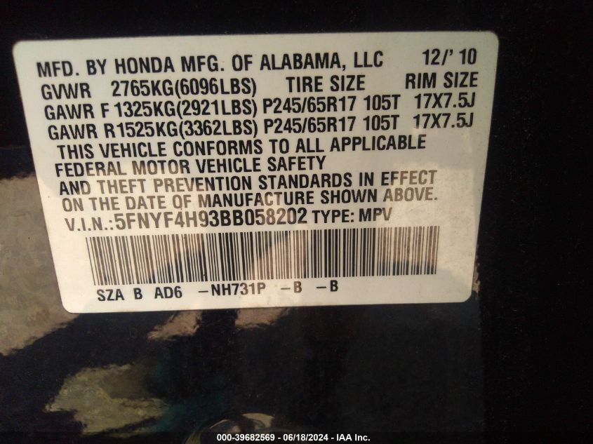 2011 Honda Pilot Touring VIN: 5FNYF4H93BB058202 Lot: 39682569