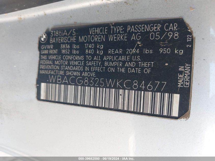 1998 BMW 318Ti VIN: WBACG8325WKC84677 Lot: 39682580