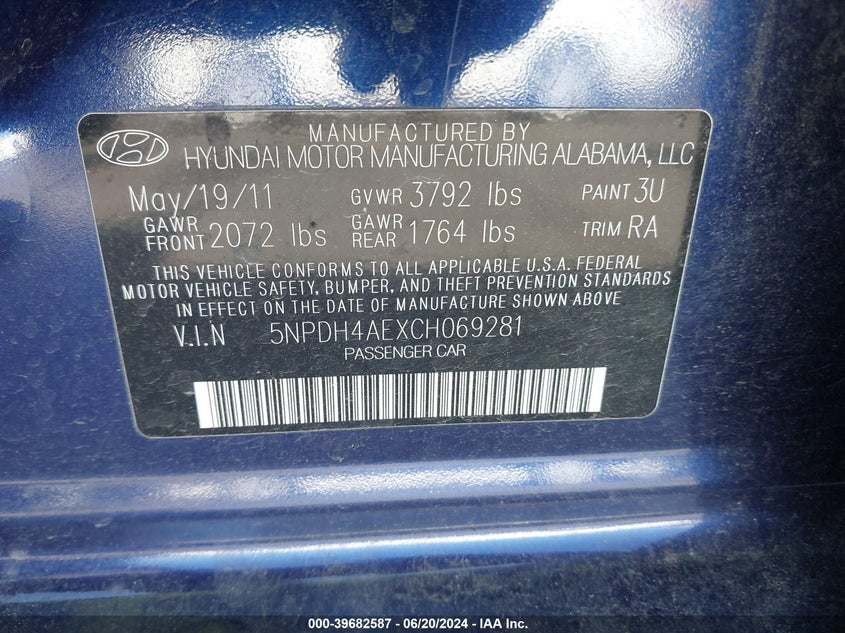 2012 Hyundai Elantra Gls VIN: 5NPDH4AEXCH069281 Lot: 39682587