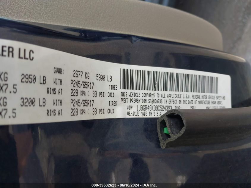 2009 Jeep Grand Cherokee Laredo VIN: 1J8GR48K39C524393 Lot: 39682623