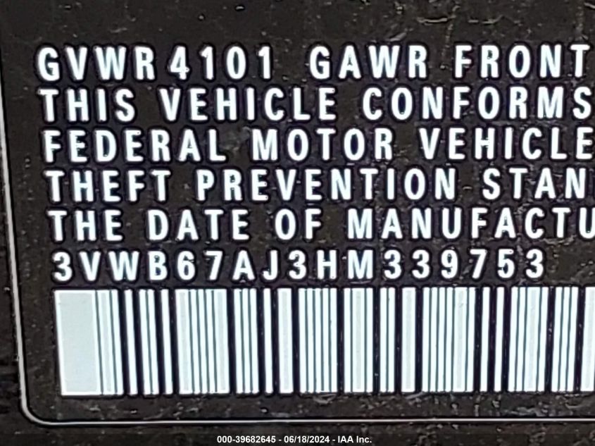 2017 Volkswagen Jetta 1.4T Se VIN: 3VWB67AJ3HM339753 Lot: 39682645