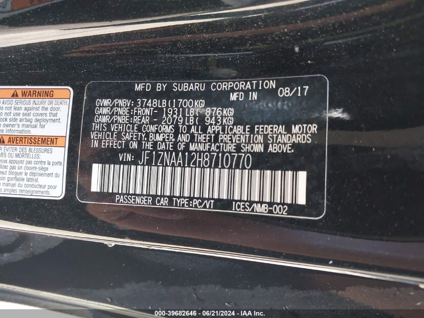 2017 Toyota 86 VIN: JF1ZNAA12H8710770 Lot: 39682646