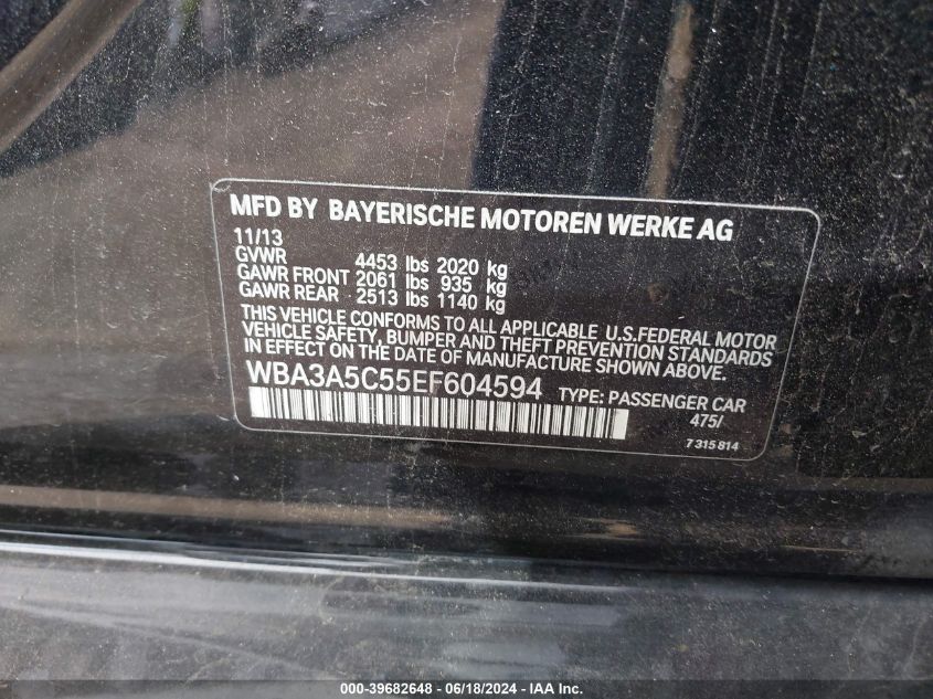 2014 BMW 328I VIN: WBA3A5C55EF604594 Lot: 39682648