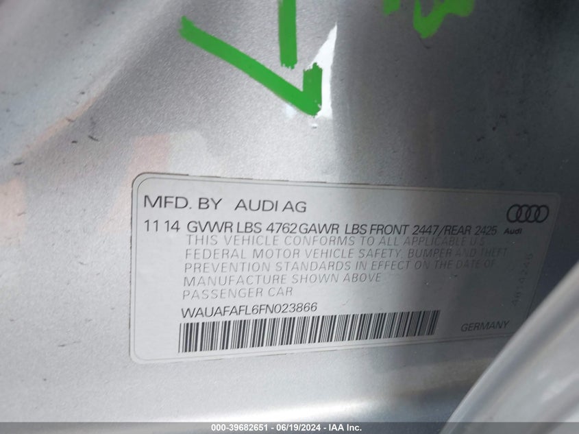 2015 Audi A4 2.0T Premium VIN: WAUAFAFL6FN023866 Lot: 39682651