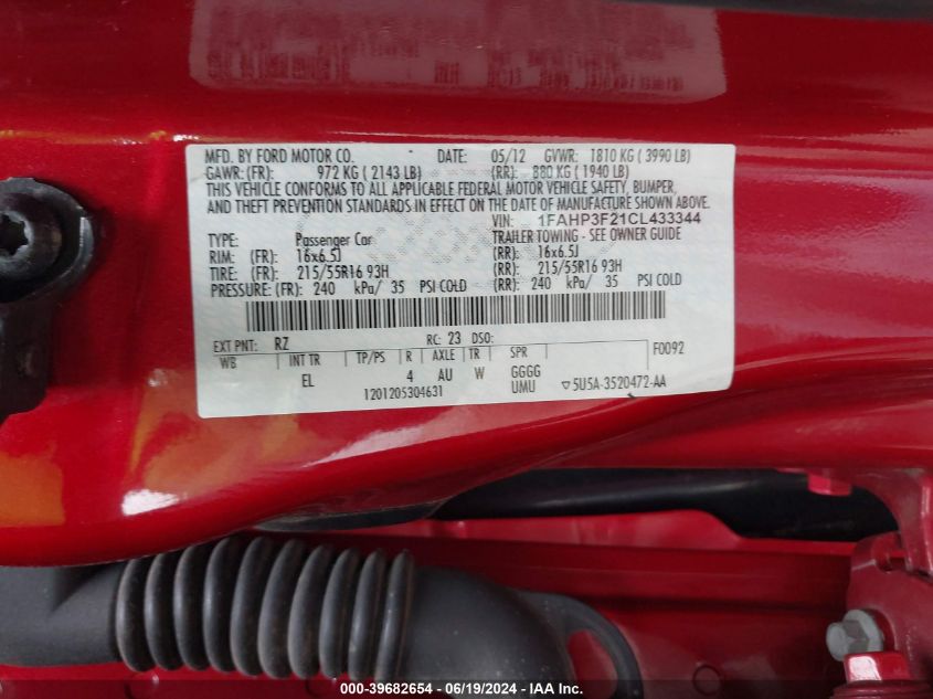 2012 Ford Focus Se VIN: 1FAHP3F21CL433344 Lot: 39682654