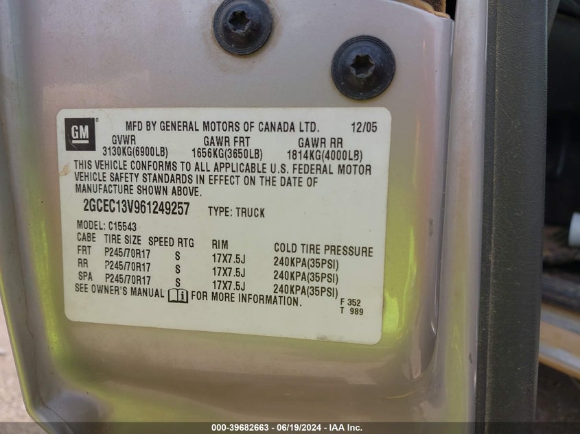 2006 Chevrolet Silverado 1500 Ls VIN: 2GCEC13V961249257 Lot: 39682663