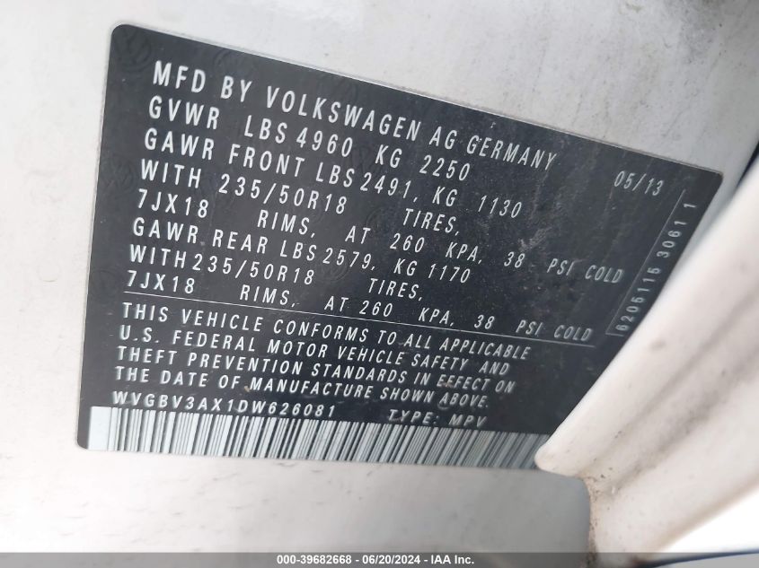 2013 VOLKSWAGEN TIGUAN S/SE/SEL - WVGBV3AX1DW626081