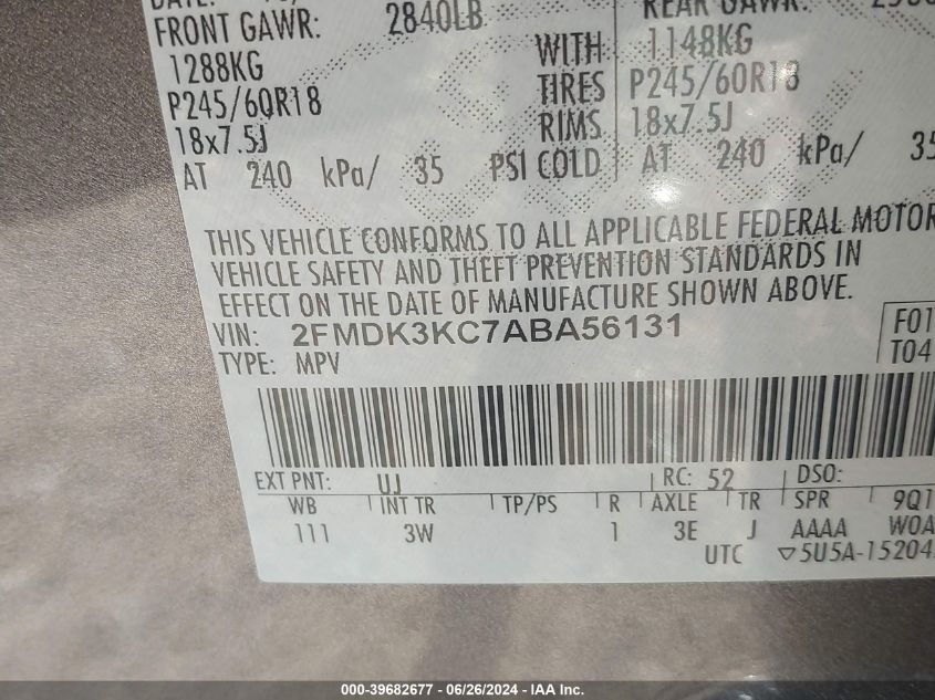 2010 Ford Edge Limited VIN: 2FMDK3KC7ABA56131 Lot: 39682677