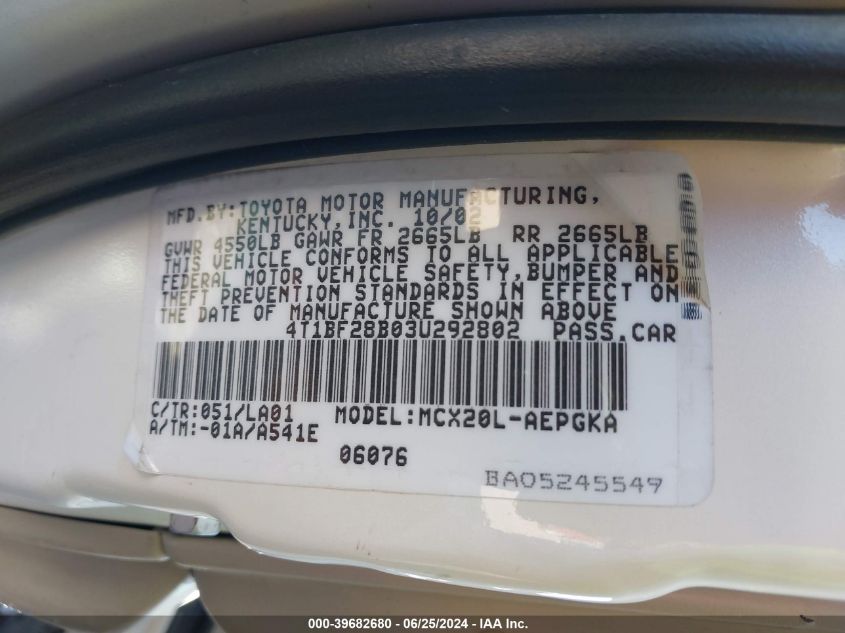 2003 Toyota Avalon Xl/Xls VIN: 4T1BF28B03U292802 Lot: 39682680