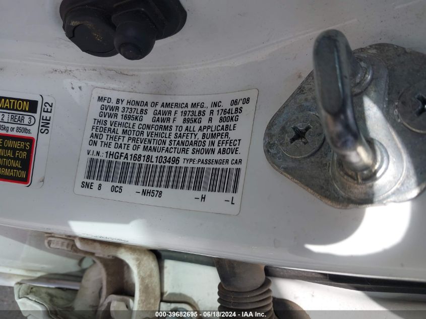 2008 Honda Civic Ex VIN: 1HGFA16818L103496 Lot: 39682695