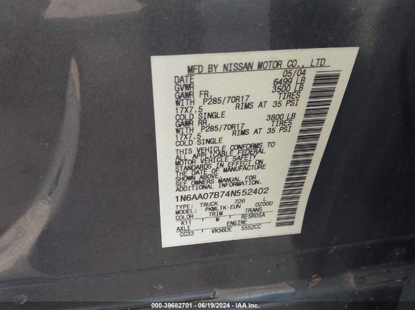 2004 Nissan Titan Se VIN: 1N6AA07B74N552402 Lot: 39682701
