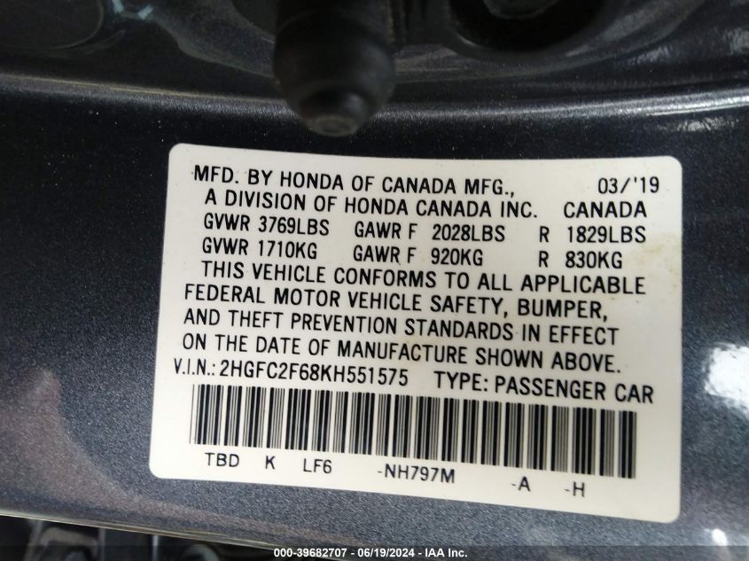 2019 Honda Civic Lx VIN: 2HGFC2F68KH551575 Lot: 39682707