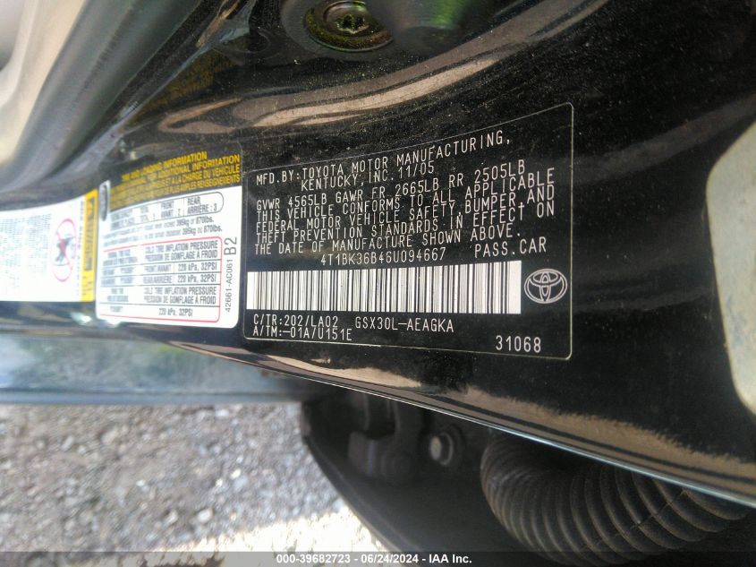 2006 Toyota Avalon Xls VIN: 4T1BK36B46U094667 Lot: 39682723