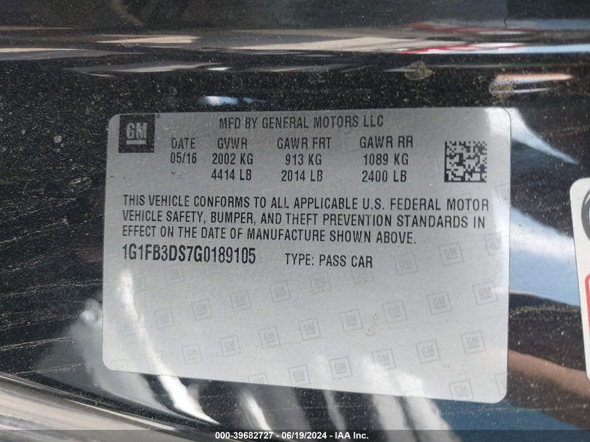 2016 Chevrolet Camaro 1Lt VIN: 1G1FB3DS7G0189105 Lot: 39682727
