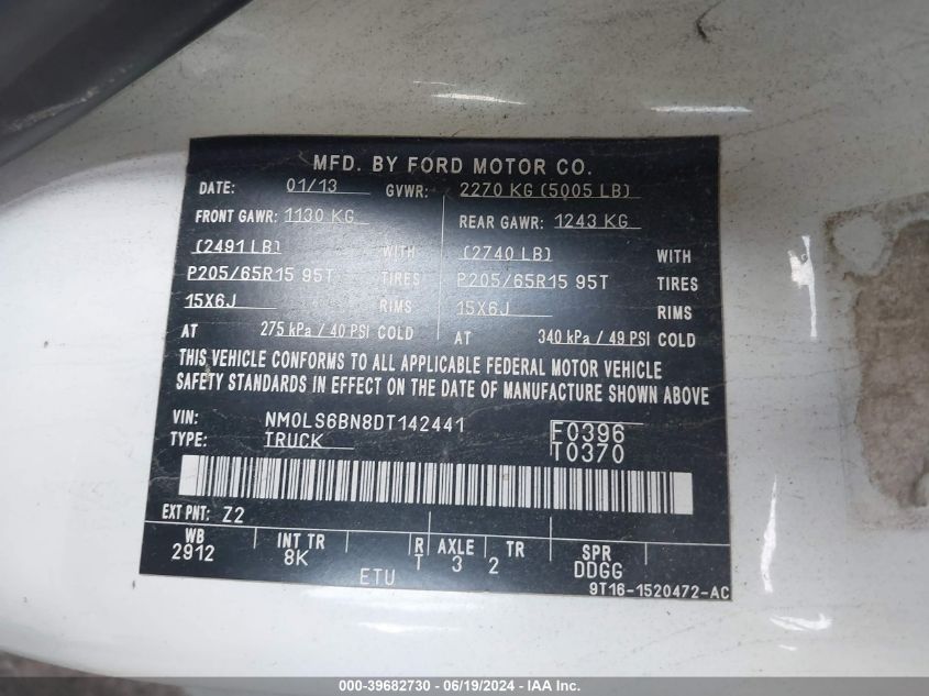 2013 Ford Transit Connect Xlt VIN: NM0LS6BN8DT142441 Lot: 39682730