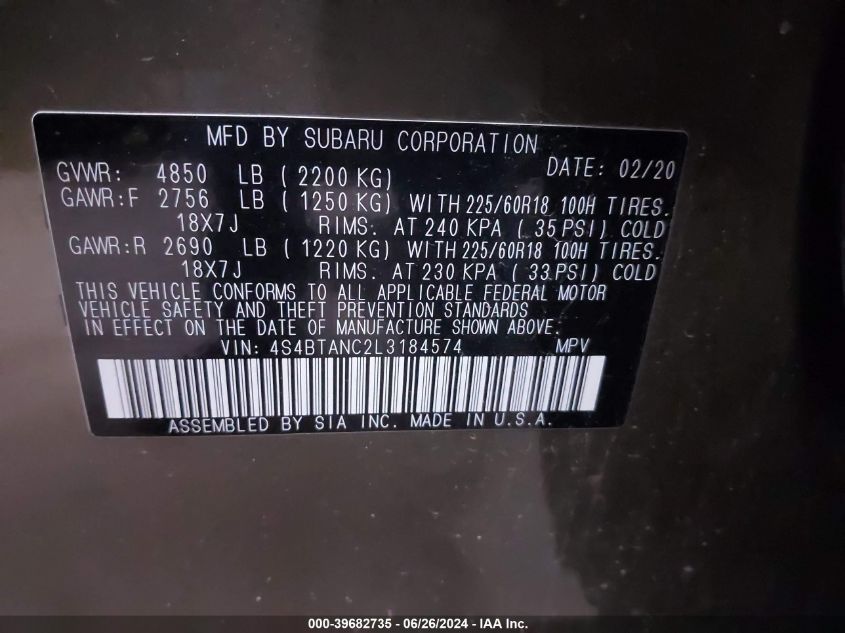 2020 Subaru Outback Limited VIN: 4S4BTANC2L3184574 Lot: 39682735