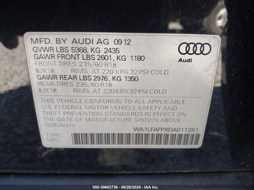 2013 Audi Q5 2.0T Premium VIN: WA1LFAFPXDA011281 Lot: 39682736