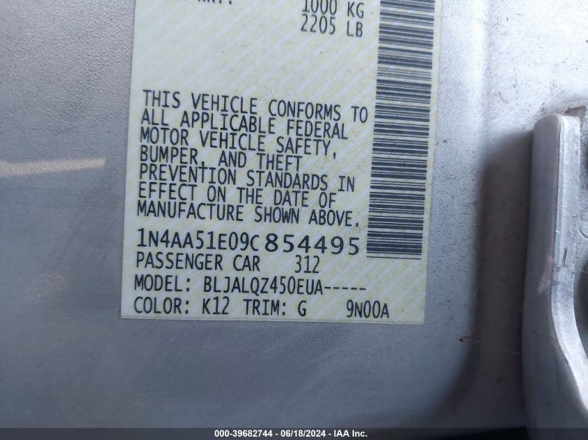 2009 Nissan Maxima 3.5 S VIN: 1N4AA51E09C854495 Lot: 39682744