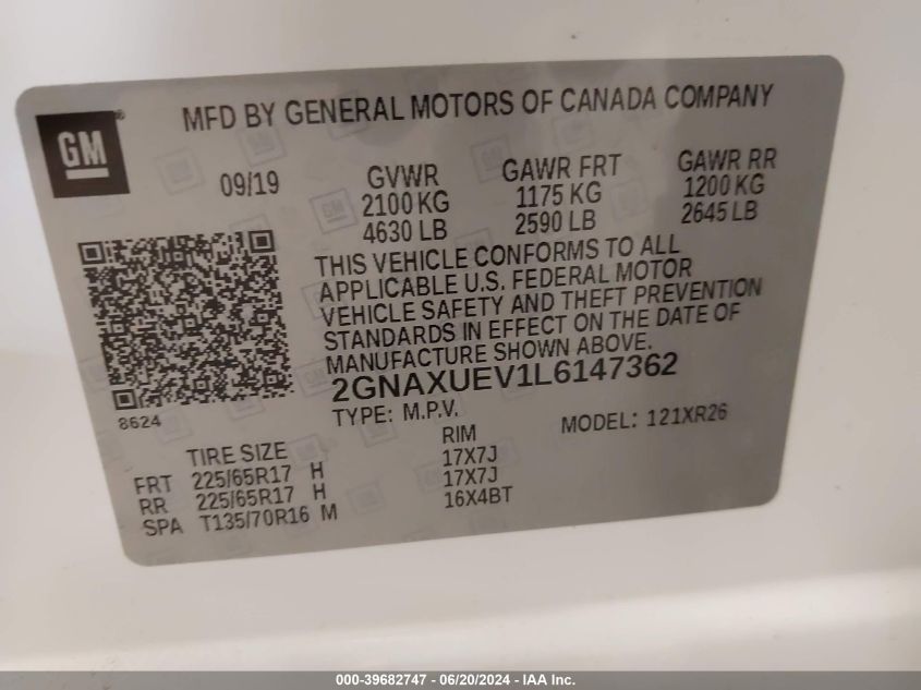 2020 Chevrolet Equinox Awd Lt 1.5L Turbo VIN: 2GNAXUEV1L6147362 Lot: 39682747